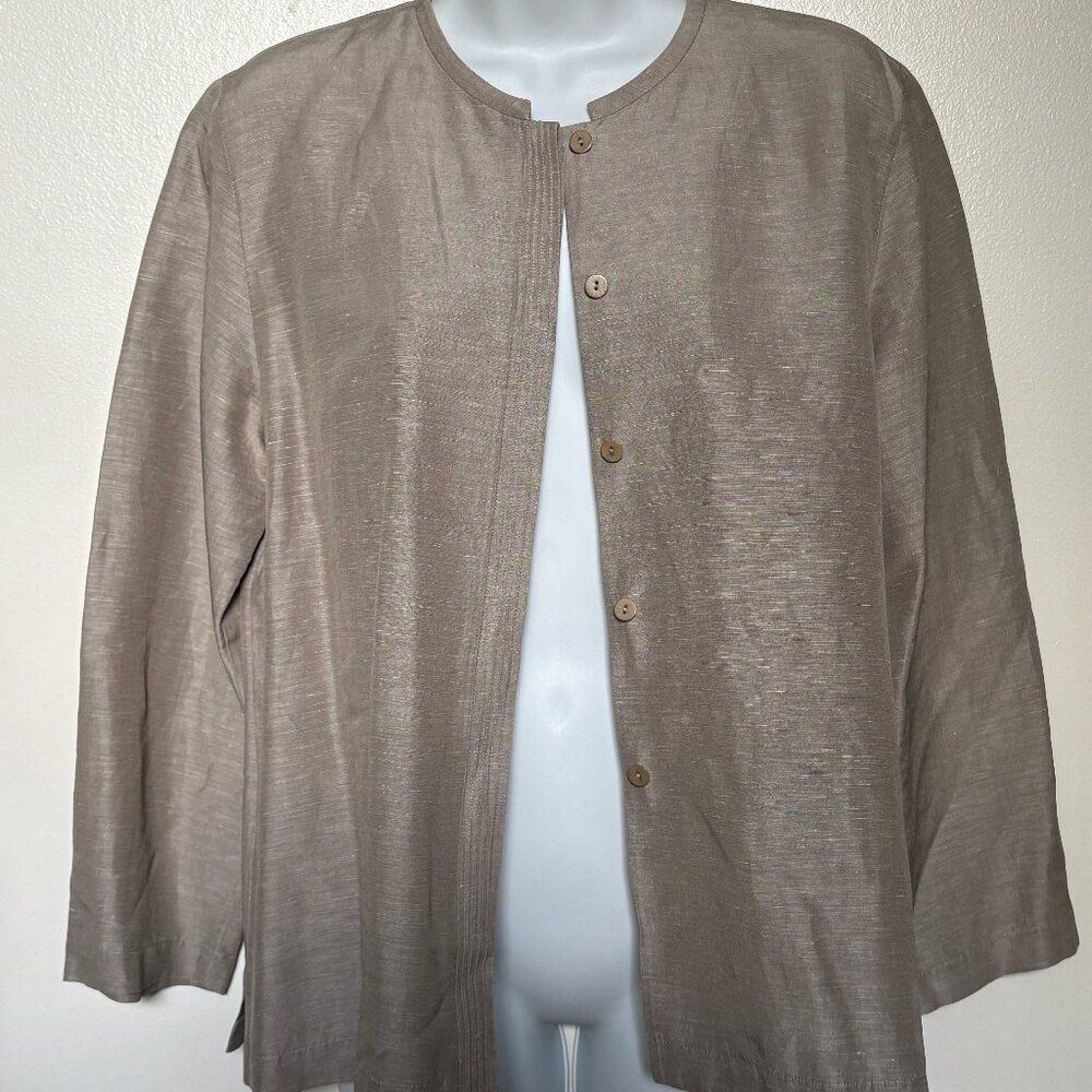 Eileen Fisher Taupe, Linen & Silk Button Down Long Sleeve Top/Jacket w/ Sheen, M